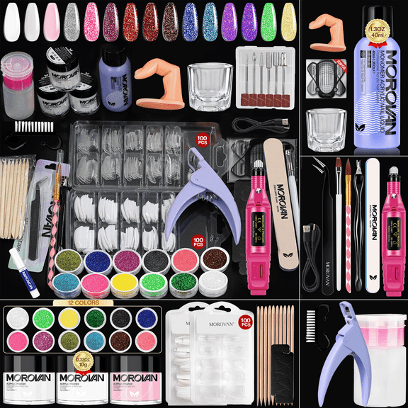 Morovan Acrylic Nail Kit with Electric Nail Drill, 12 Colors Acrylic Powder Set for Beginners, Salon DIY Manicure Set Gift for Women