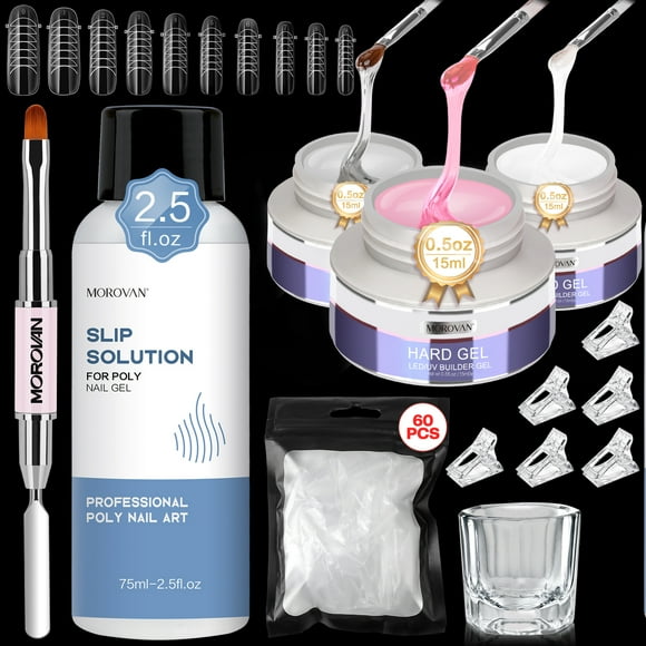Morovan Builder Gel Nail Enhancement Set with UV Gel & Liquid, Assorted Colors, Double Head Brush