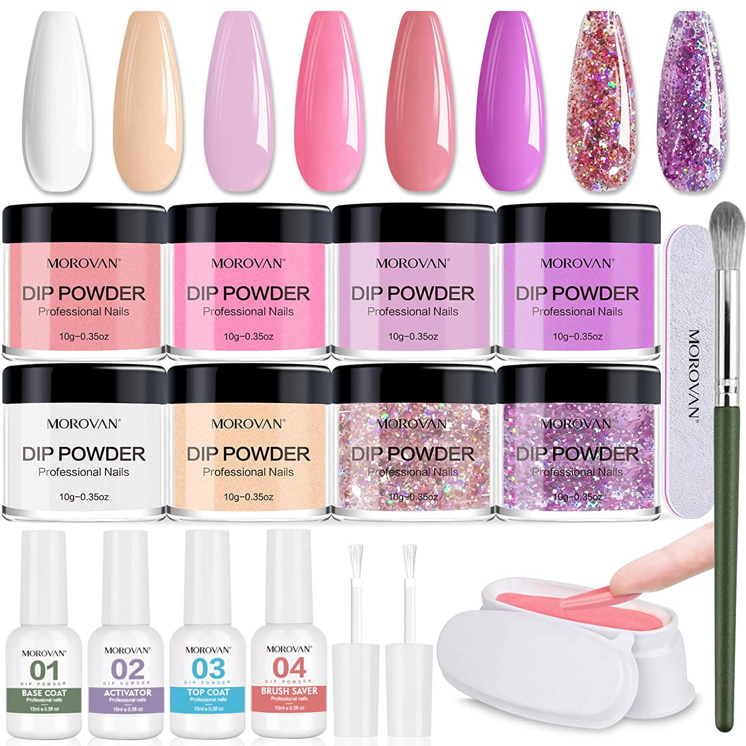 Morovan Dip Powder Nail Kit Starter 8 Colors Dipping Powders with Base