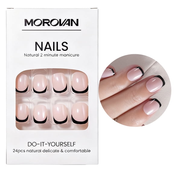 Morovan Black French Tip Press on Nails Short, Fall Halloween Square Fake Nails with Jelly Glue Mini Nail File
