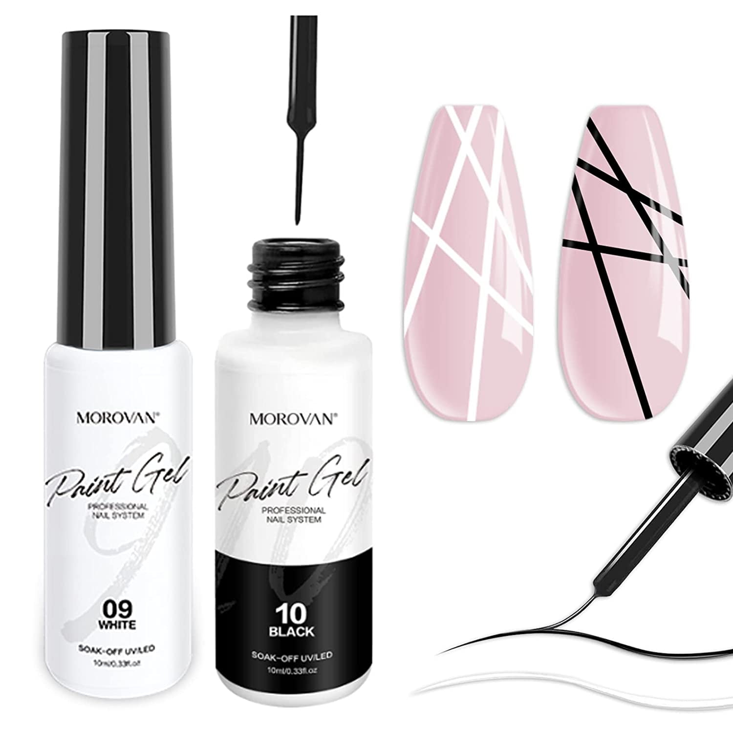Morovan Gel Liner Nail Art Polish Set 2 Colors Black White Painted Gel Nail Polish Set