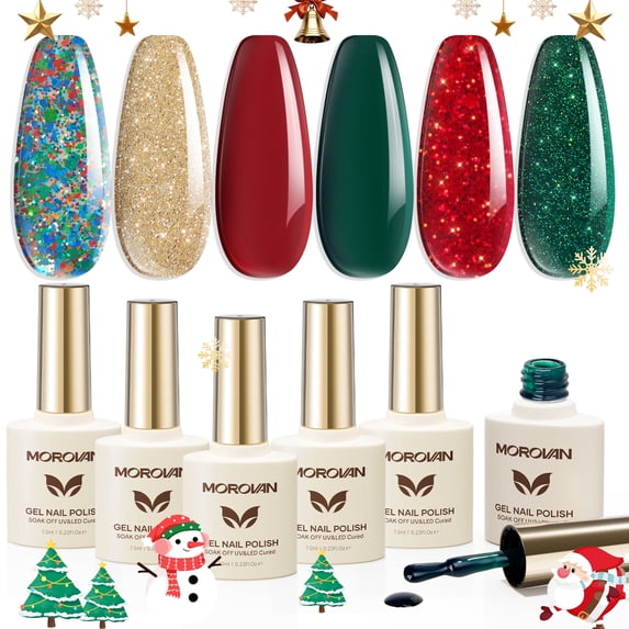 Morovan Christmas Gel Nail Polish Sparkle Glitter Green Red Gold Fall Winter Gel Polish Dark Green Burgundy Wine Red Gel Polish Set Gift for Women
