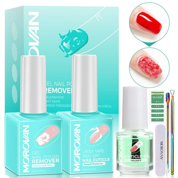 Morovan Gel Polish Remover Kit Gel Nail Polish Remover Set with Latex Tape Peel Off Liquid with Cuticle Pusher Peeler Cuticle Oil Nail File Cleaner Quick Easy No Need for