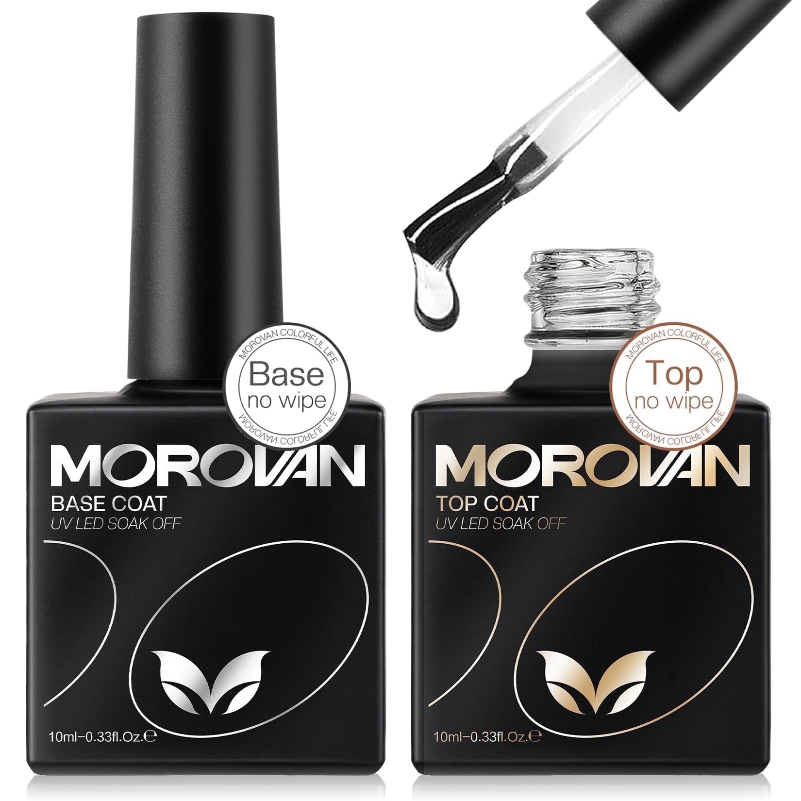 MOROVAN UV Glossy Gel Top Coat and Base Coat Set, Soak-Off LED Gel Nail Polish, No Wipe, 2 Pieces