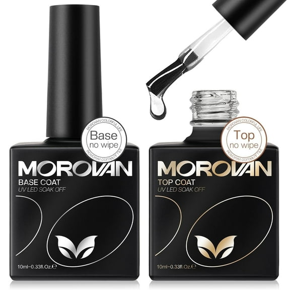 Morovan Gel Base And Top Coat Set 2Pcs 10ml Gel Polish No Wipe Clear Gel Top Coat For UV Light