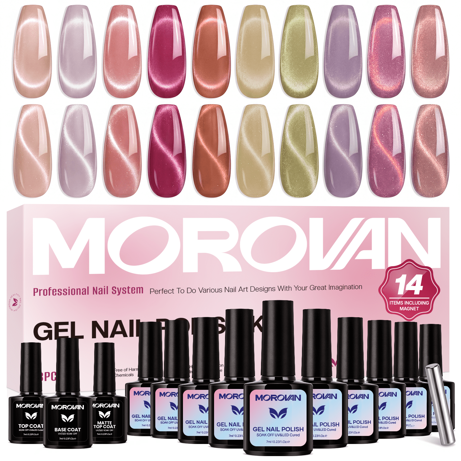 Morovan Gold Glitter Cat Eye Gel Nail Polish Set ,10 Colors with Magnetic Stick for Holiday & Party Nail Art
