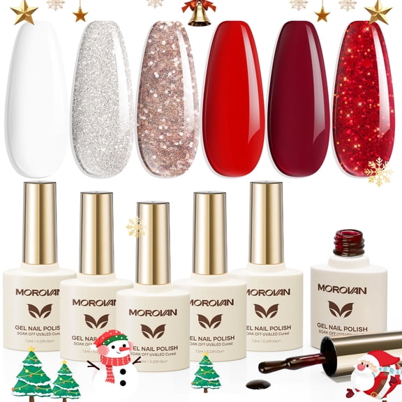 Morovan Christmas Gel Polish Set - Sparkle Red Green Glitter Gel Polish Kit Soak Off UV LED Gel Nail Kit Gift for Women
