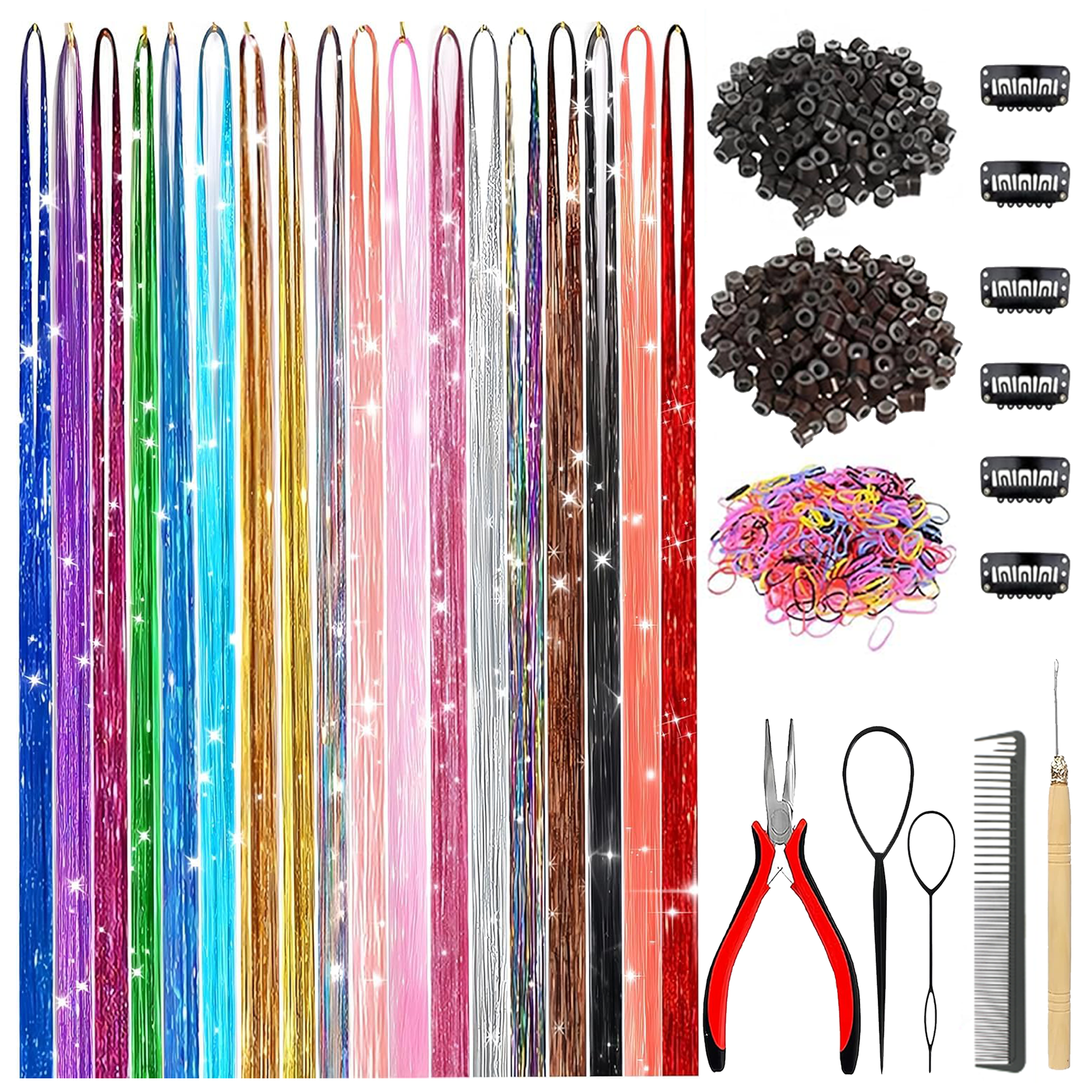 Morovan Hair Tinsel Kit with Tool - 7600 Heat-Resistant Glitter Strands, 18 Holographic Colors Clip-in Fairy Extensions for Parties & Daily Wear (48 Inch)
