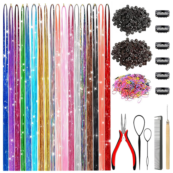 Morovan Hair Tinsel Kit with Tool - 7600 Heat-Resistant Glitter Strands, 18 Holographic Colors Clip-in Fairy Extensions for Parties & Daily Wear (48 Inch)