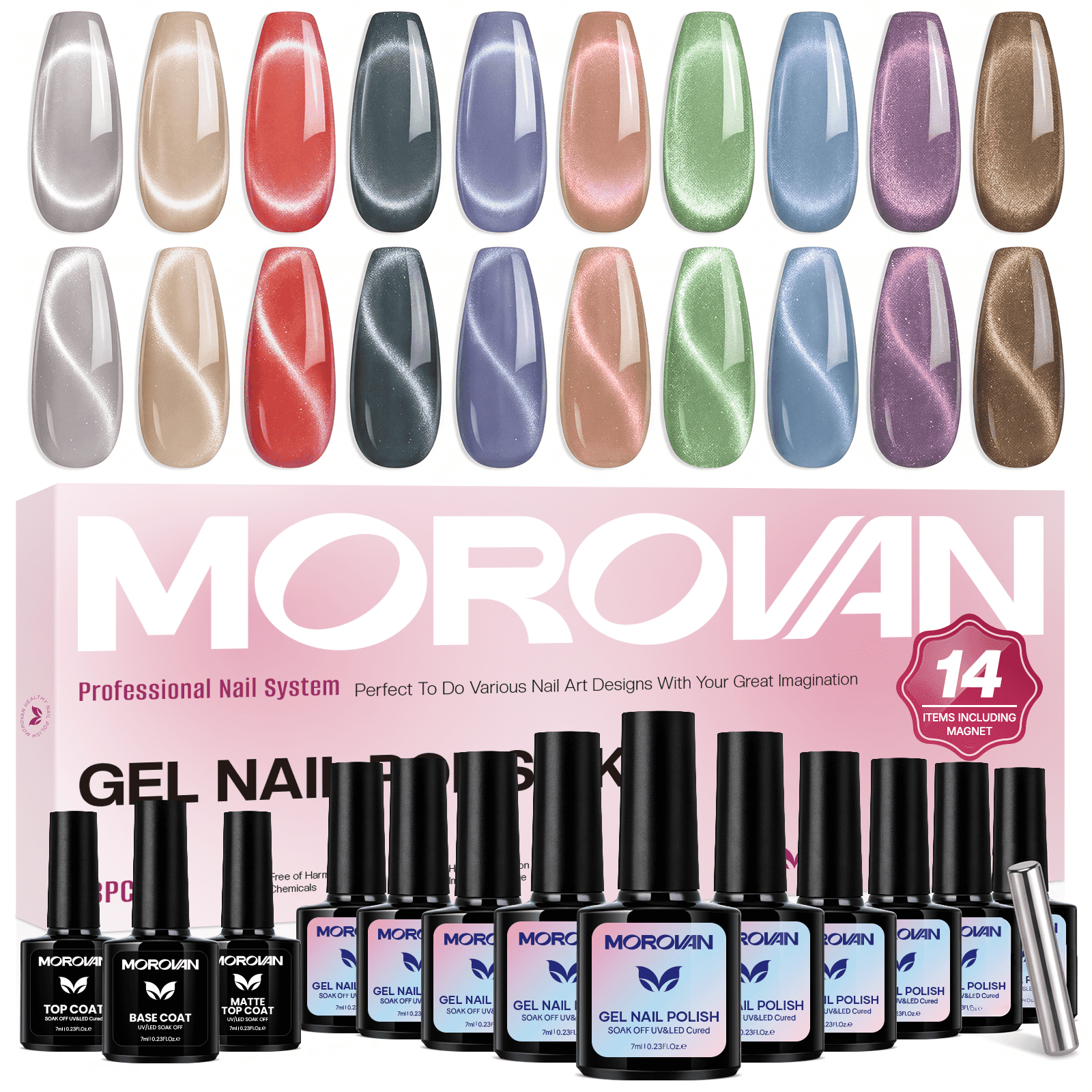 Morovan Holographic Cat Eye Gel Polish Set,10 Colors with Magnet, Base & Top Coats for Professional Magnetic Nail Art at Home