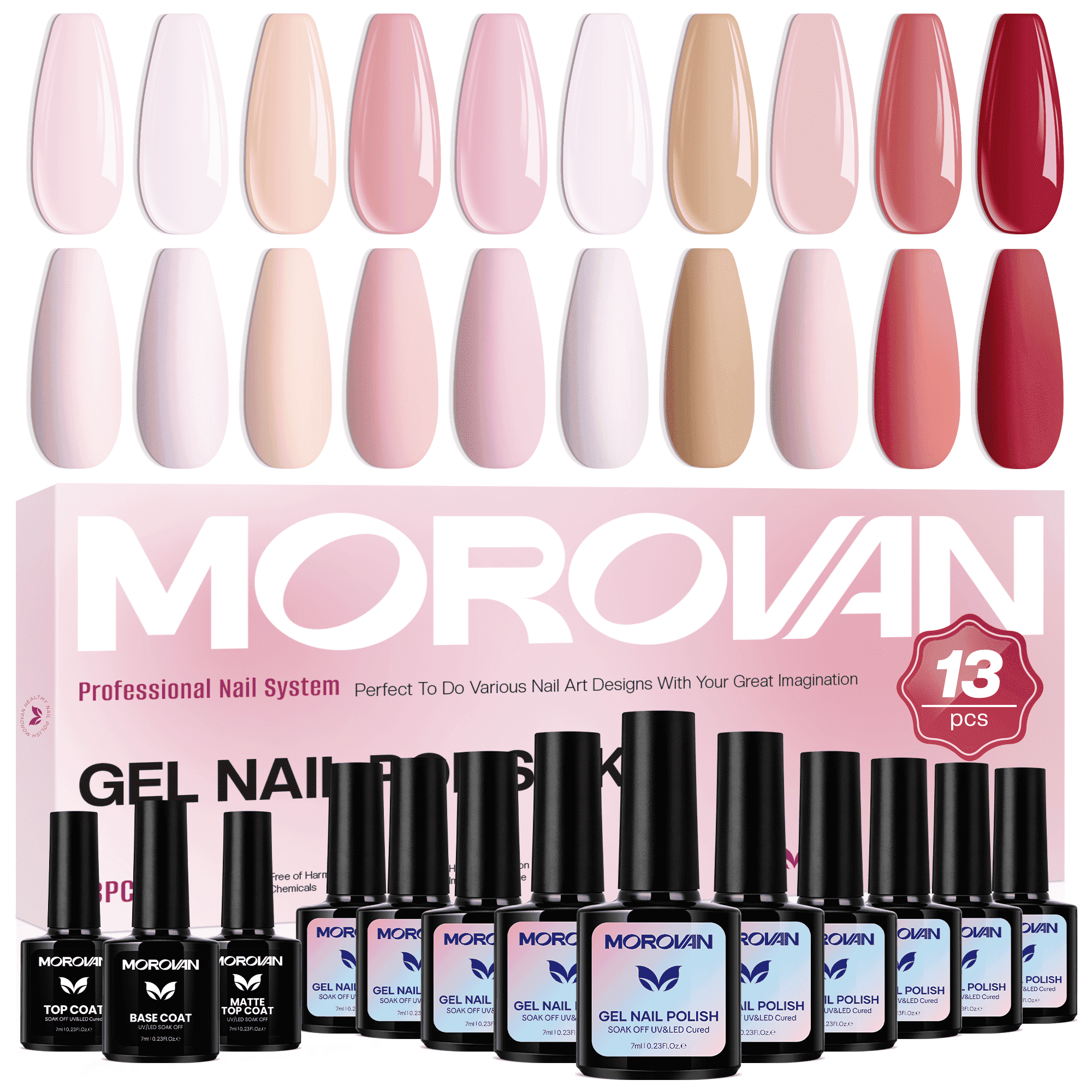 Morovan Jelly Pink Gel Nail Polish Set,10 Sheer Milky Nude Pink Translucent Gel Colors with Base & Top Coats for Nail Art Manicure DIY Kit Home Salon