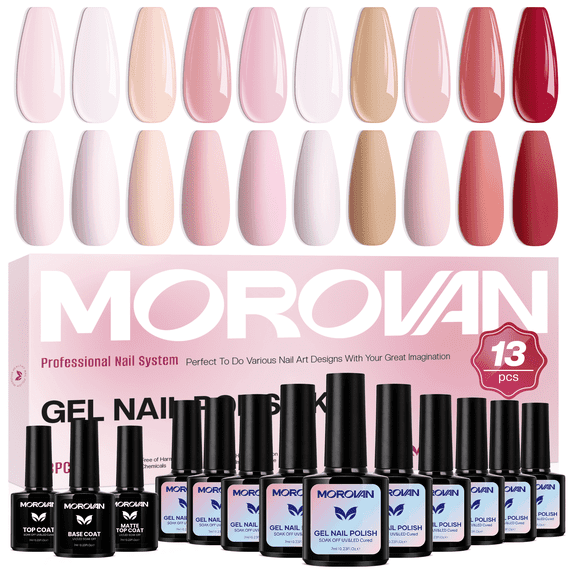 Morovan Jelly Pink Gel Nail Polish Set,10 Sheer Milky Nude Pink Translucent Gel Colors with Base & Top Coats for Nail Art Manicure DIY Kit Home Salon