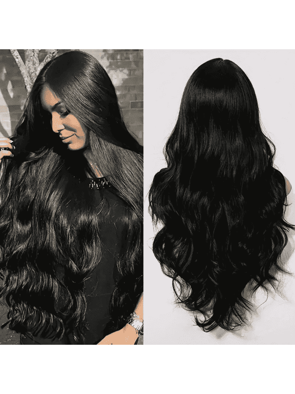 26 Inch Long Black Wavy Wig for Women, Middle Part, Heat-Resistant Synthetic Fiber