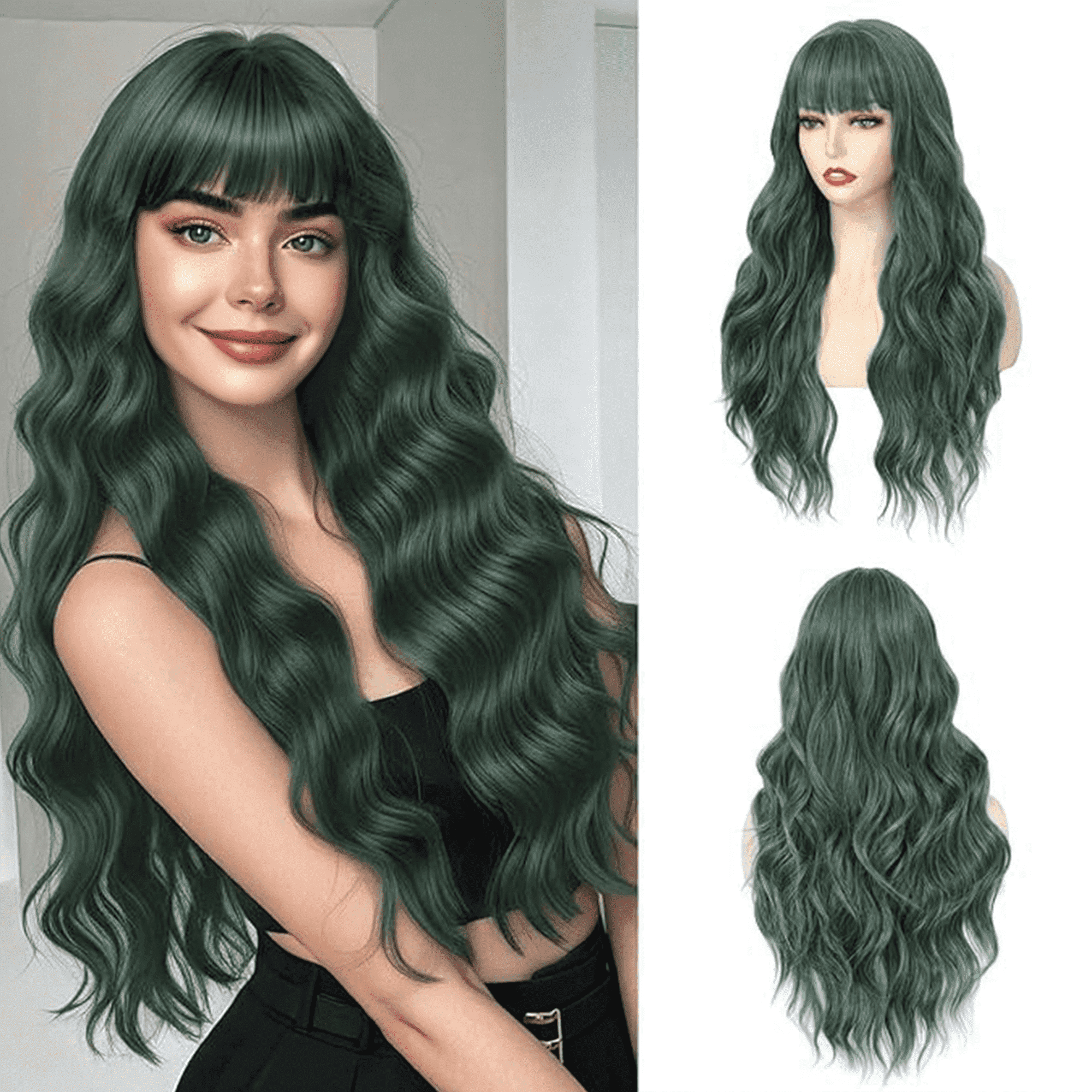 Morovan Long Green Wavy Wig With Bangs for Women 26 Inch Curly Wavy Wig With Bangs Natural Looking Synthetic Heat Resistant Fiber Wig for Daily Party Use