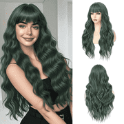 Morovan Long Green Wavy Wig With Bangs for Women 26 Inch Curly Wavy Wig With Bangs Natural Looking Synthetic Heat Resistant Fiber Wig for Daily Party Use