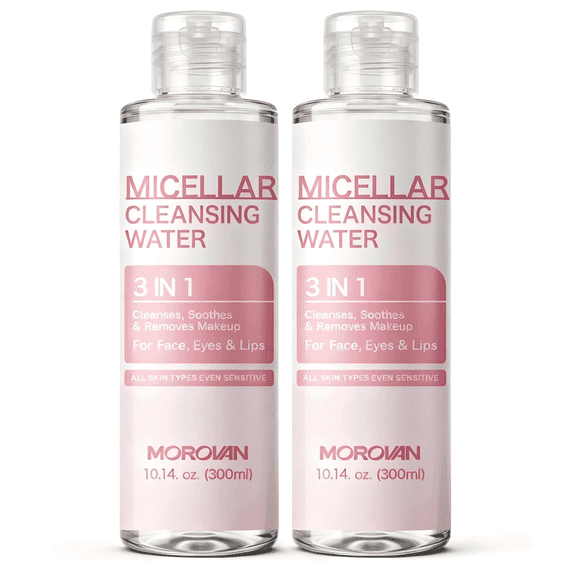 Makeup Remover 3 in 1 Micellar Cleansing Water Face Eyes Lips All Skin Types 10.14 fl oz 2 Pack