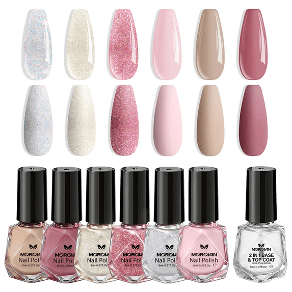 Morovan Modern Muse Nail Polish Set with 2-in-1 Base & Top Coat, 6 Colors Nude Pink Silvery Purple Glitter Polish kit for Women