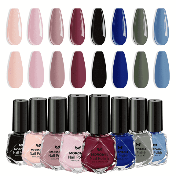 Morovan 8 Colors Nail Polish Set, Classic Nude Pink, Wine Red, Black & Navy Blue Shades, Quick Dry Glossy Nail Polish Kit for Women