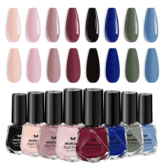 Morovan 8 Colors Nail Polish Set, Classic Nude Pink, Wine Red, Black & Navy Blue Shades, Quick Dry Glossy Nail Polish Kit for Women