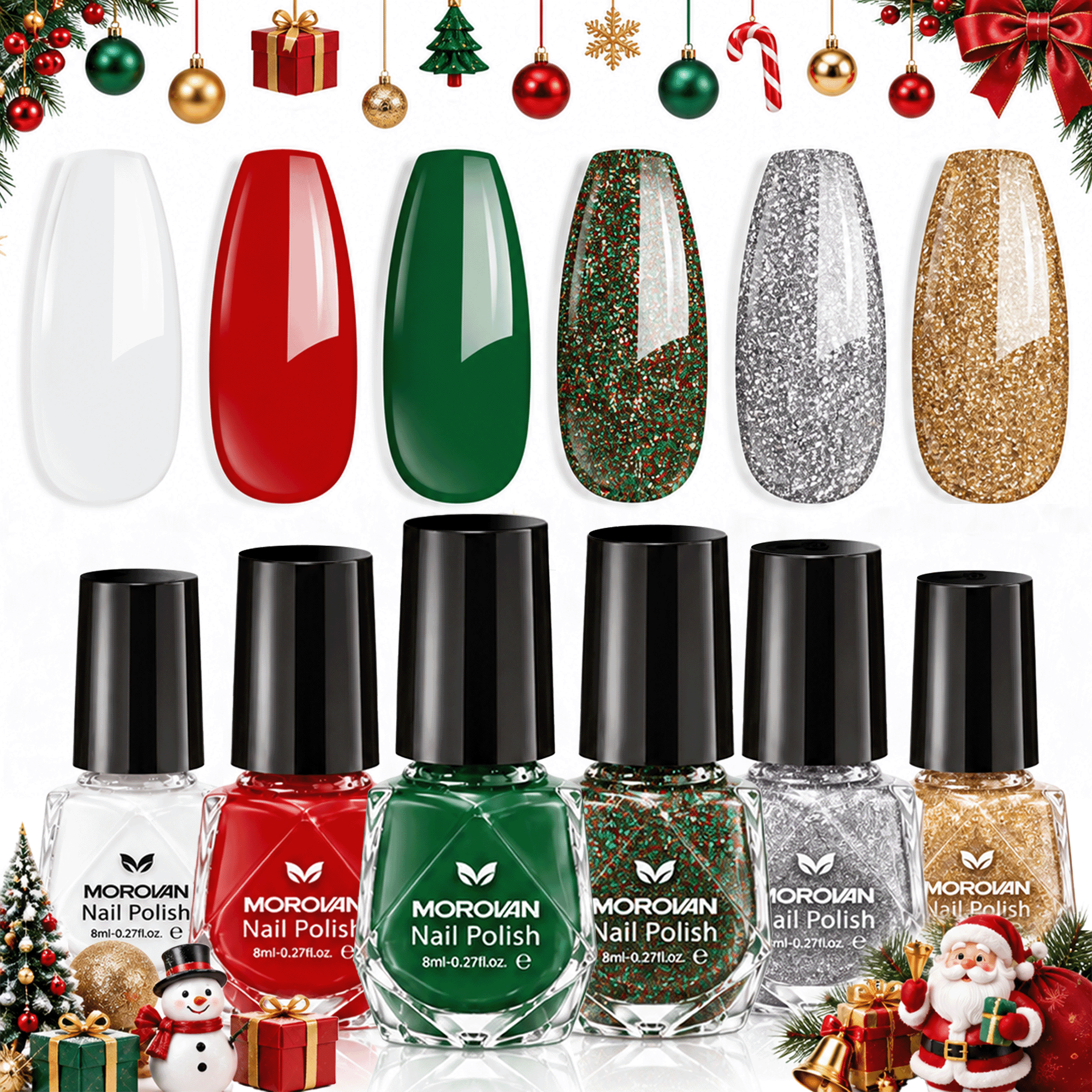 Morovan Nail Polish Set 6 Colors Red Green Christmas Glitter Mini Gold Silver Nail Polish Kit Quick Dry Manicure Nail Art Manicure DIY Home Salon Gift for Women