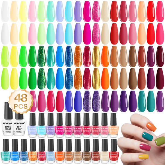 Morovan Nail Polish Set Fingernail: 48PC Air Quick Dry Nail Polish Kit with 2PC Base Top Coat Regular Nail Polish pack