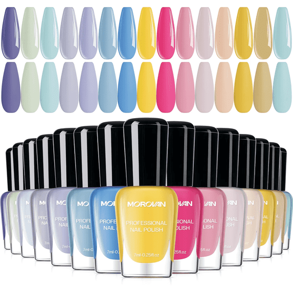 MOROVAN Macaron Air Dry Nail Polish Set, 15 Bright Colors, Vegan, Spring Summer Kit for Adults & Teens