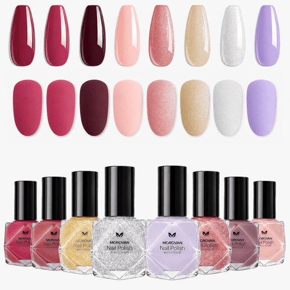 Morovan Neutral Nail Polish Set,8 Elegant Shades of Nude, Blush Pink, Rose Brown & Champagne Glitter for Daily Wear
