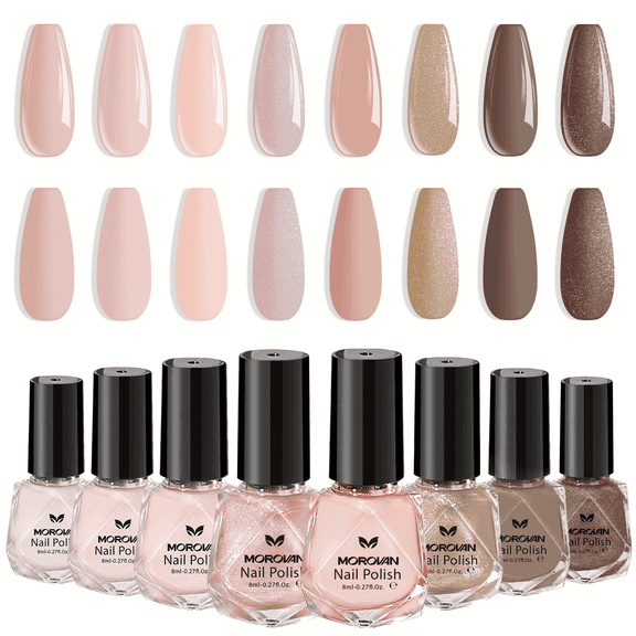 Morovan 8Pcs Nude Nail Polish Set,Nude Pink, Mauve, Brown & Glitter Shades, Quick Dry Nail Polish Gift Set for Women