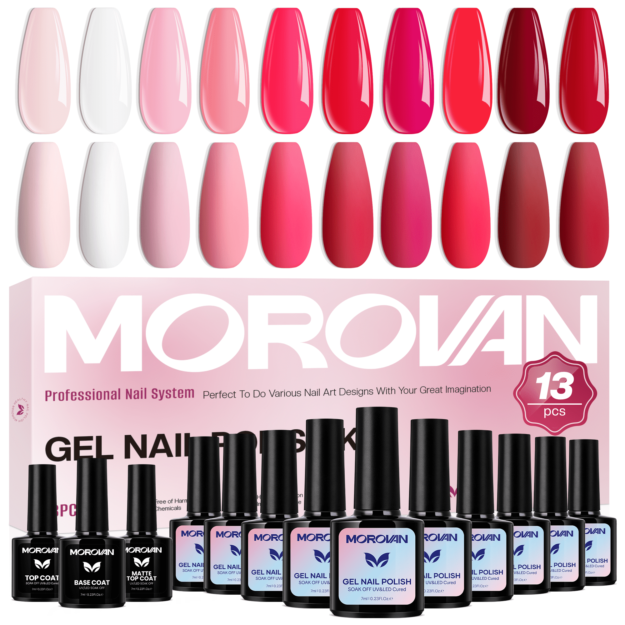 Morovan Pink Gel Nail Polish Set with Base & Top Coat,10 Color Gift Collection for Salon DIY at Home Nails Gifts for Women