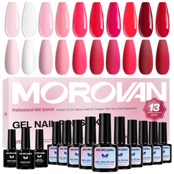 Morovan Pink Gel Nail Polish Set with Base & Top Coat,10 Color Gift Collection for Salon DIY at Home Nails Gifts for Women