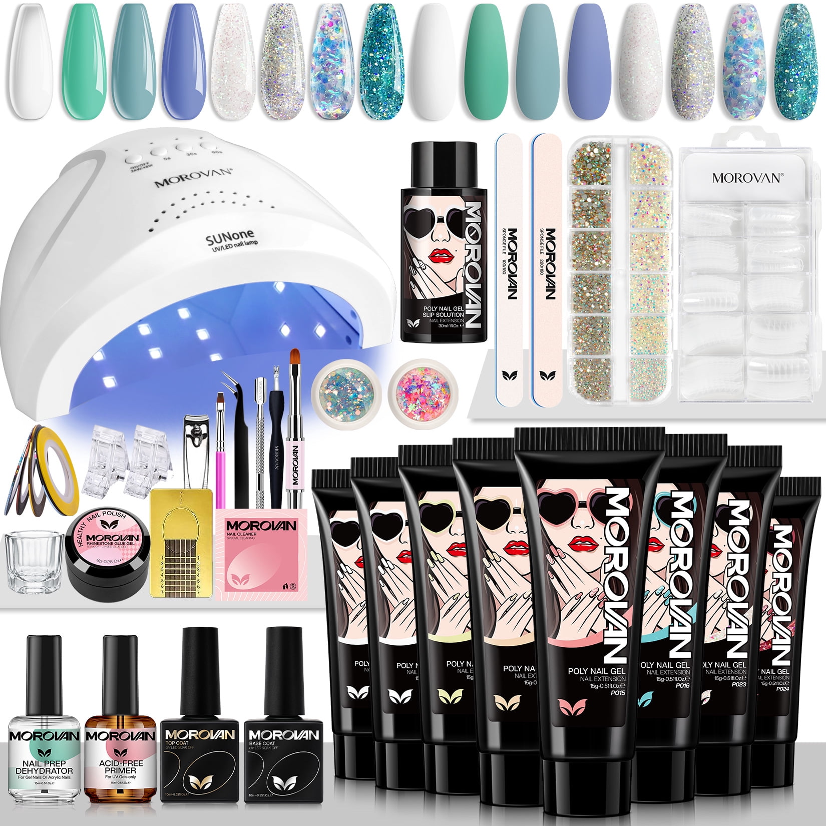 Morovan Poly Gel Kits - Nail Extension Gel Kit with 48W LED Nail Lamp 8 Pcs 0.5oz with Slip Solution Nail Primer Poly Gel