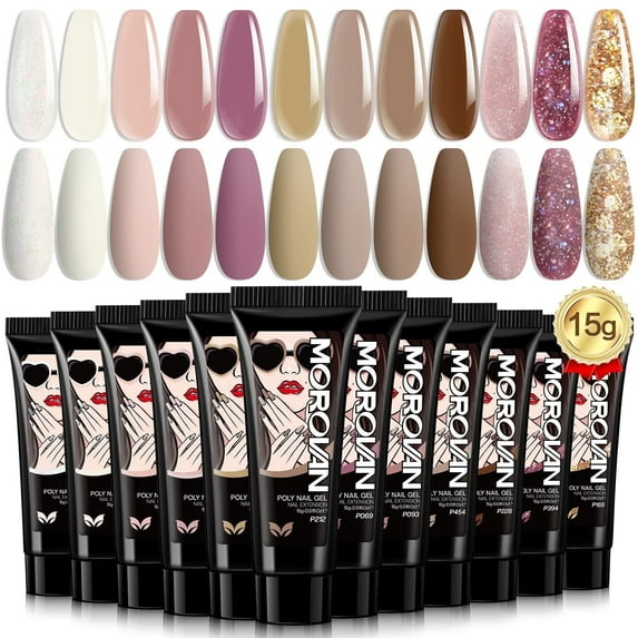 Morovan Poly Gel Nail Kit - 12 Colors Poly Nail Gel Kit with Pure Poly Gel and Gliter Poly Nail Gel Long-Asting Poly Gel Nal
