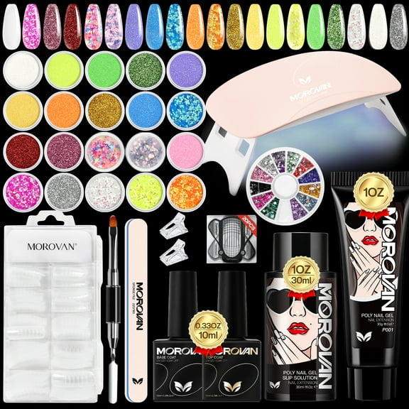 Morovan Polymer Gel Nail Starter Kit: Includes nail glitter, comes with a UV lamp, a DIY at-home nail extension kit, a perfect choice for Christmas, Halloween and other festival gifts.