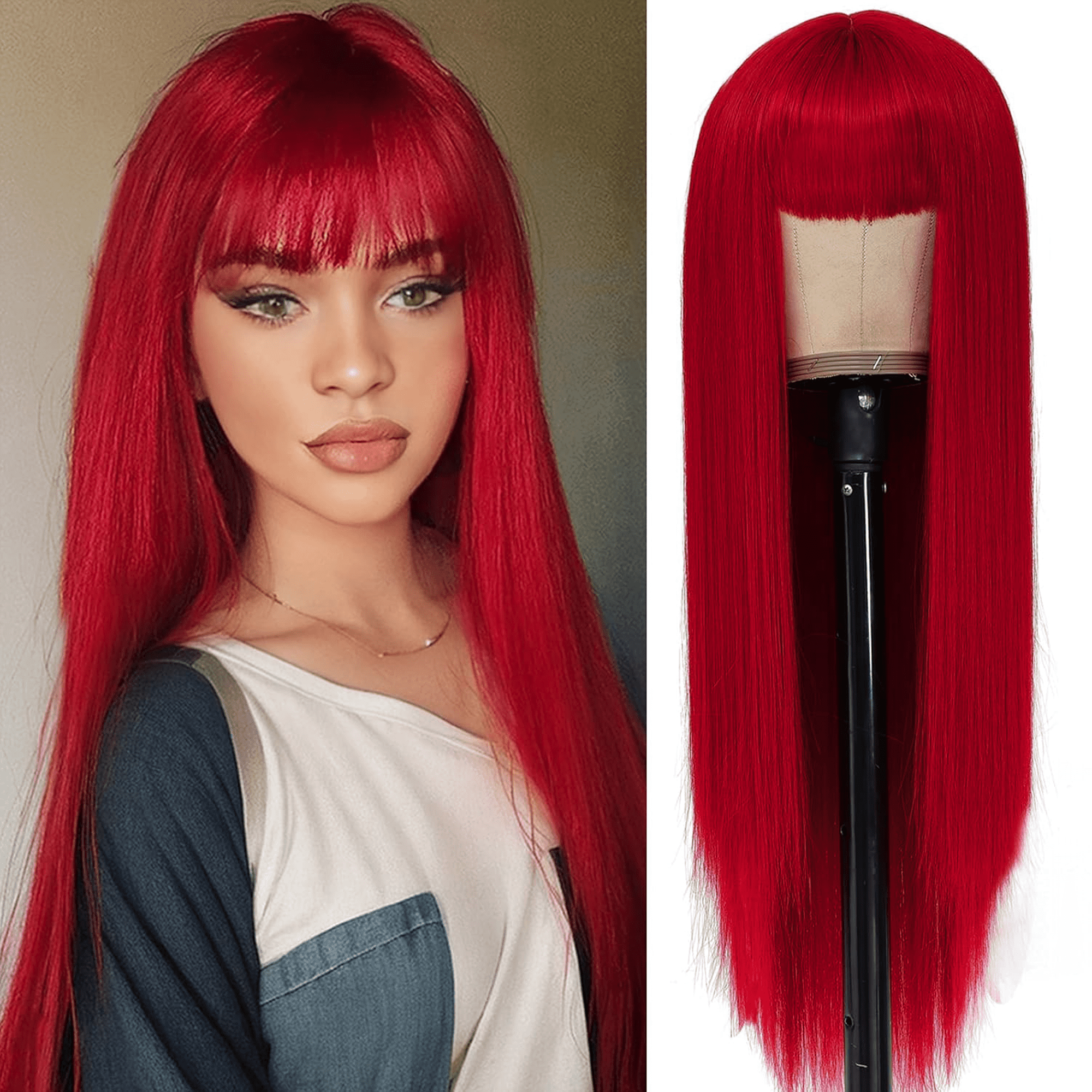 Morovan Red Straight Wig with Bangs - 24 Inch Heat Resistant Synthetic Hair for Women, Natural Look for Party & Cosplay