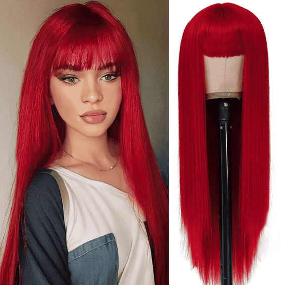 Morovan Red Straight Wig with Bangs - 24 Inch Heat Resistant Synthetic Hair for Women, Natural Look for Party & Cosplay