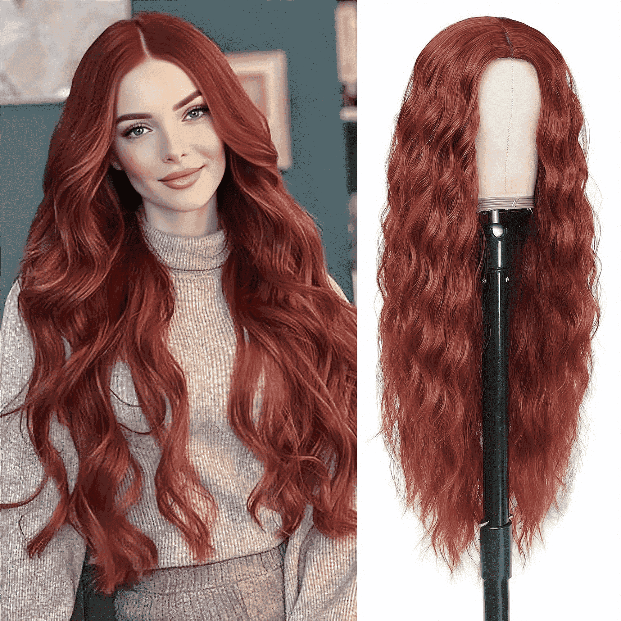 Morovan Reddish Brown Long Wavy Synthetic Wig for Women, Heat-Resistant Fiber, Adjustable Cap for Daily Wear and Costume Use
