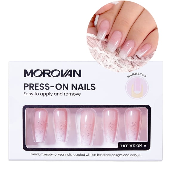 Morovan Long Press on Nails Coffin Fake Nails with Pink White Ombre A Little Bit of Glitter Designs for Women 24Pcs