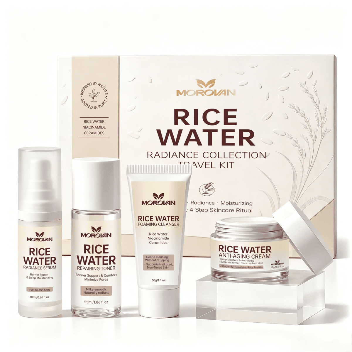 Morovan Rice Water Skincare Gift Set for Women, 4-Piece Hydrating Face Care Kit for Soft, Smooth-Feeling Skin, All Skin Types