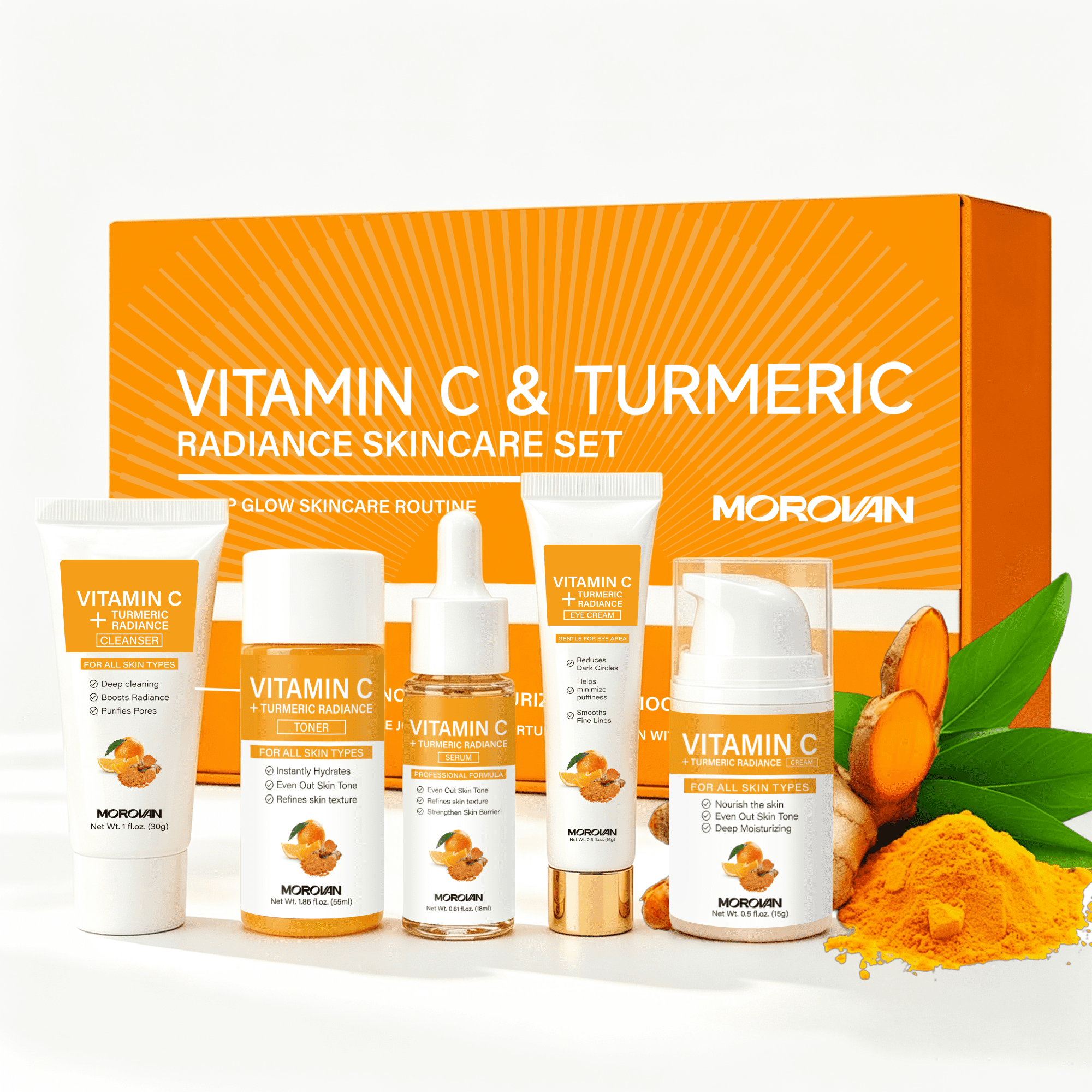 Morovan Vitamin C and Turmeric Radiance Skincare Set, 5-Piece Facial Gift Kit for Glowing Skin