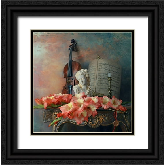 Morozov, Andrey 12x12 Black Ornate Wood Framed with Double Matting Museum Art Print Titled - Still Life With Violin And Flowers