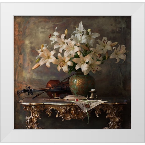 Morozov, Andrey 12x12 White Modern Wood Framed Museum Art Print Titled - Still Life With Violin And Flowers