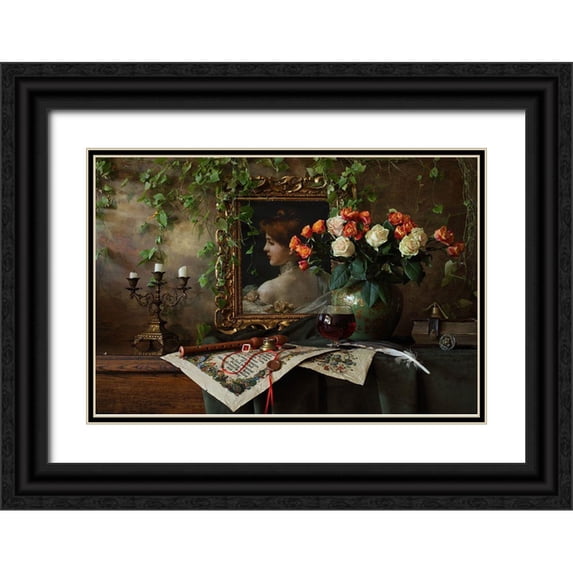 Morozov, Andrey 18x13 Black Ornate Wood Framed with Double Matting Museum Art Print Titled - Still Life With Flowers And Picture