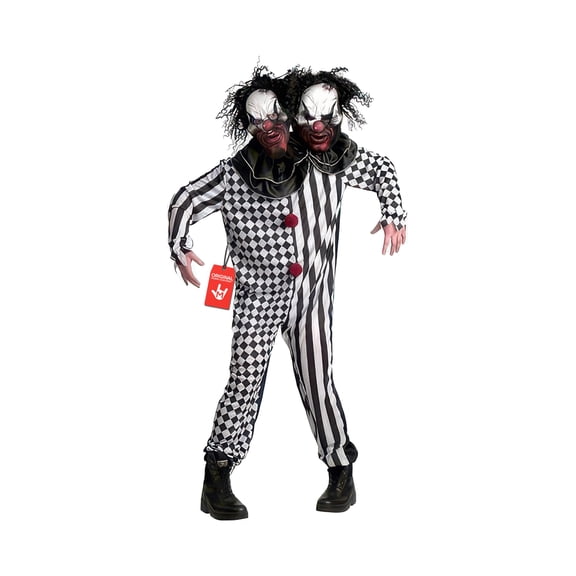 Morph Adult 2 Headed Killer Clown Costume Mens Womens Scary Halloween Fancy Dress Halloween Black XL