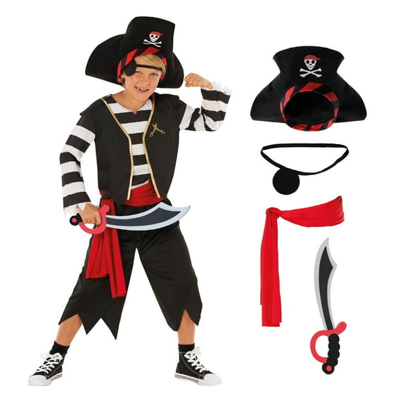 Morph Boys Black Pirate Costume Hat Toy Sword Kids Pirate Deckhand Halloween Halloween Black S