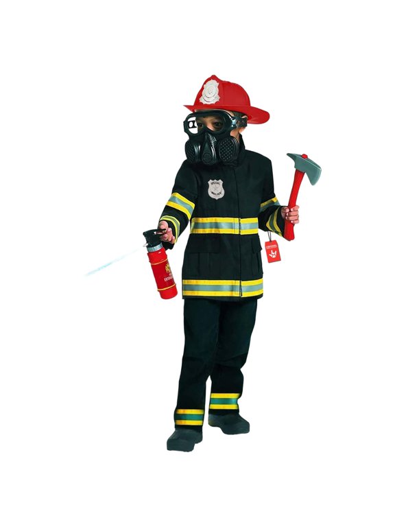 Boys Fireman Firefighter Fancy Dress Costume Helmet Mask Tools Fire Fighter Halloween Black L