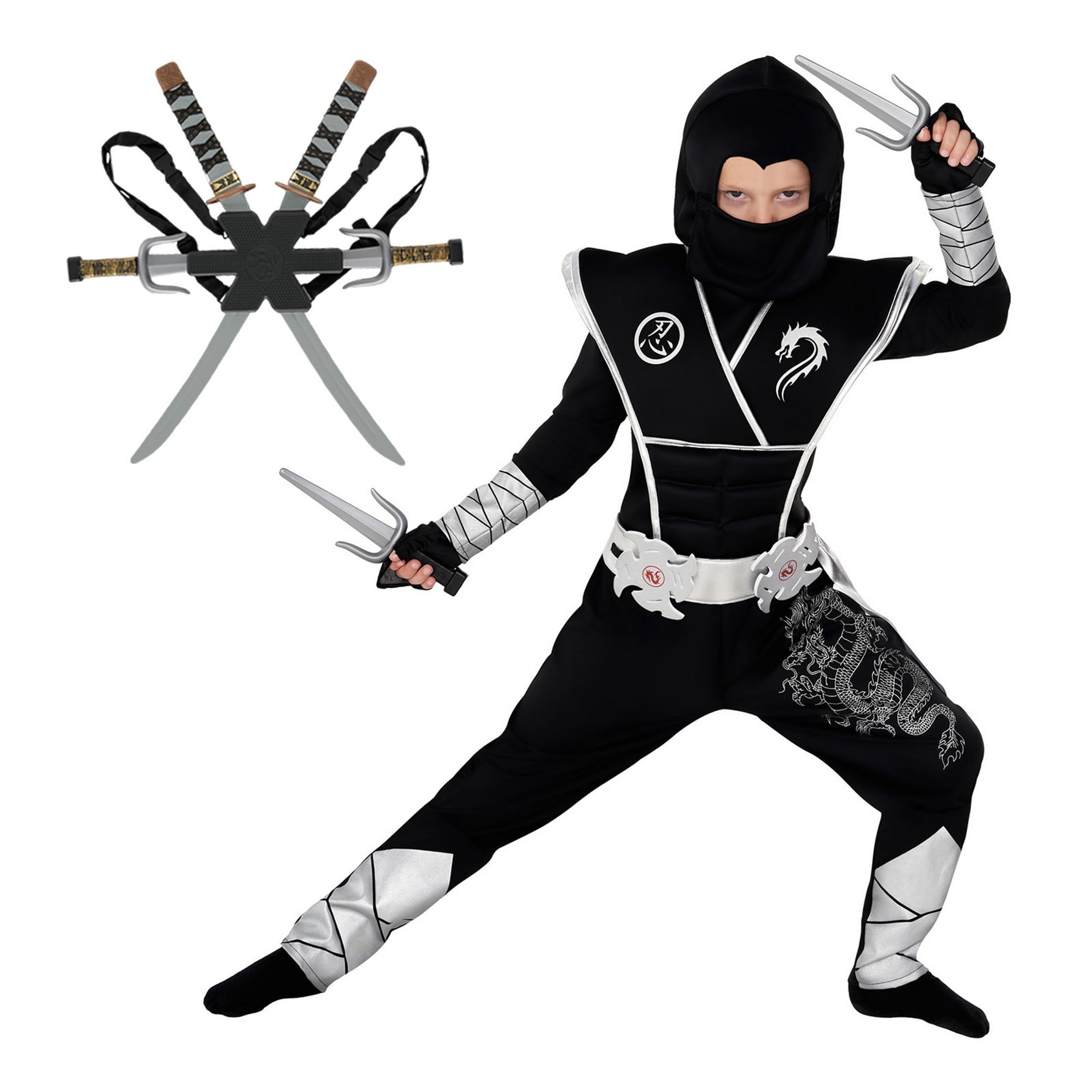 Morph Boys Silver Dragon Ninja Costume Toy Weapons Kids Samurai Warrior  Halloween Black L 