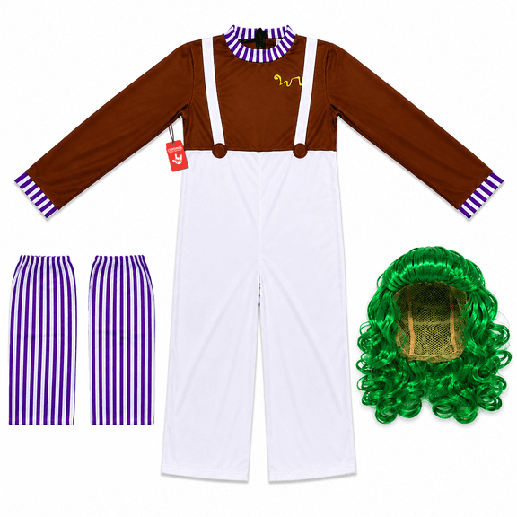 Morph Chocolate Factory Worker Costume for Men, Striped Jumpsuit, Dungarees and Green Wig, Adult Halloween Costume for Group Themed Parties