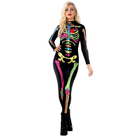 Morph Colour Skeleton Bodysuit Womens Halloween Costume for Womens Black X-Large