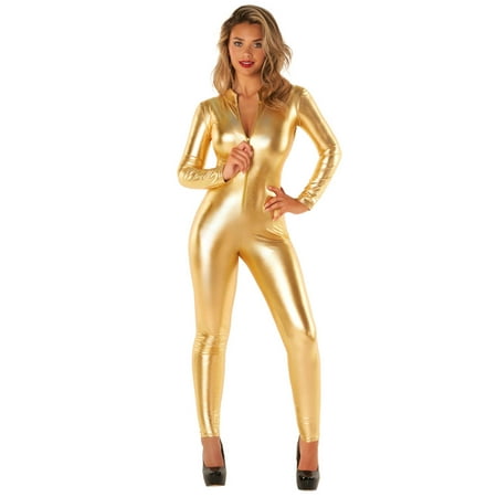 Morph Costumes Metallic Jumpsuit For Women Shiny Cat Suit Gold Bodysuit For Women Metallic Catsuit M