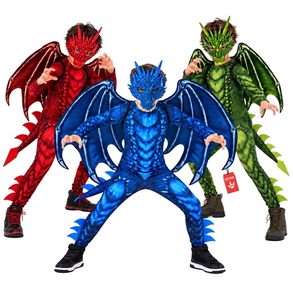 Morph Deluxe Boys Blue Dragon Costume with Wings Mask Kids Halloween Suit Halloween Blue L